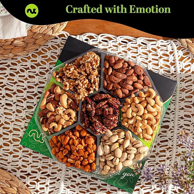 NUT CRAVINGS - Mixed Nuts Gift Basket in Green Gold Box (7 Assortments, 2 LB) Food Arrangement, Healthy Snack Care Package, Kosher