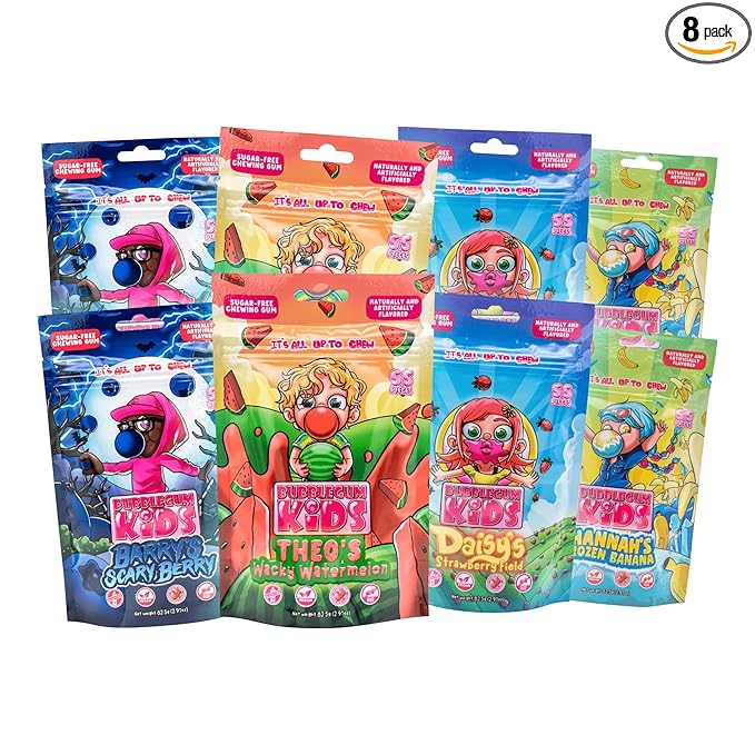 Bubblegum Kids Sugar Free Gum - For Kids and Adults - Vegan Friendly - Retro, Parent Approved Bubble Gum with Burst of Sweet Flavor - Variety Pack (8 Pack of Fruit Flavors)