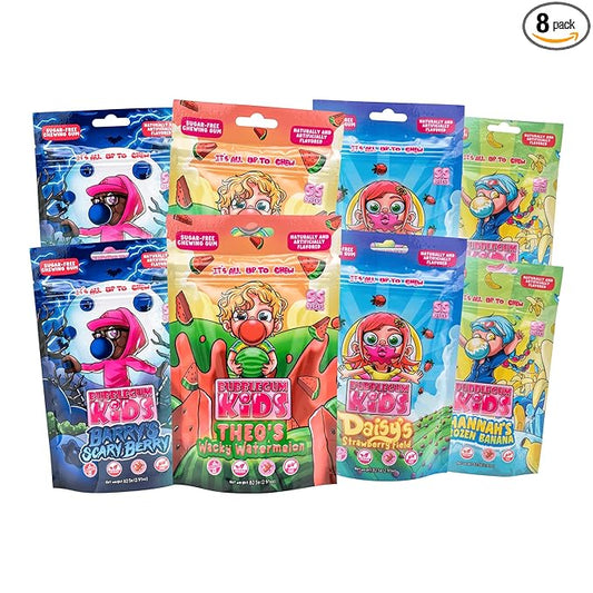 Bubblegum Kids Sugar Free Gum - For Kids and Adults - Vegan Friendly - Retro, Parent Approved Bubble Gum with Burst of Sweet Flavor - Variety Pack (8 Pack of Fruit Flavors)