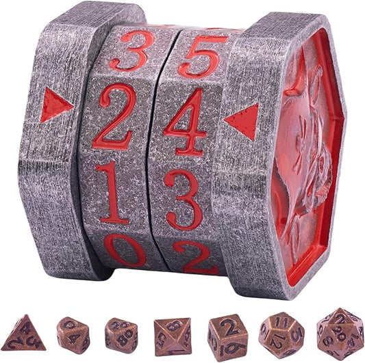 MTG Life Counter Wheel Metal Life Counter MTG Tracker, Mini Dice Set, Gift Box Packaging for Cards, MTGs Compatible Board Games, DND Game Accessories (Nickel_Red)