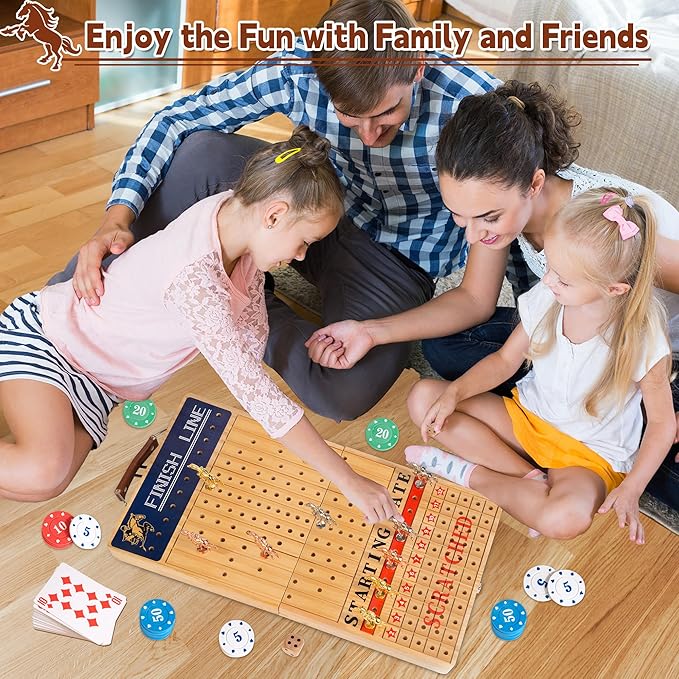 Bravmate Large 21 Inches Horse Race Board Game, Solid Wood Foldable Horse Racing Game with 11 Luxury Metal Horses, 2 Wooden Dice, 2 Boxes of Cards, 80 Chips for Parties