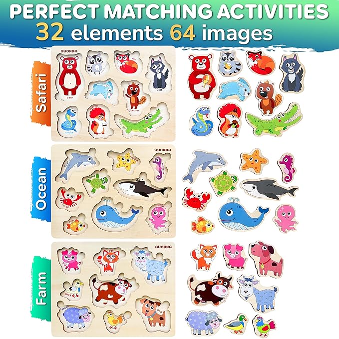 QUOKKA Wooden Puzzles for Toddlers Ages 1-3-5 – Animal Peg Puzzles for Kids 2-4 Years Old – Set of 3 Wood Learning Travel Toys for Children – Gift Educational Game for Boys and Girls