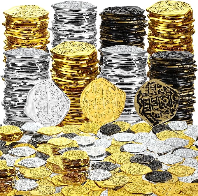 800 Pcs Plastic Pirate Coin Gold Treasure Spanish Doubloon Fake St. Patricks Toy Coin for Kids Board Games Pirate Party Cosplay Teachers Classroom Reward(Gold, Silver, Bronze)