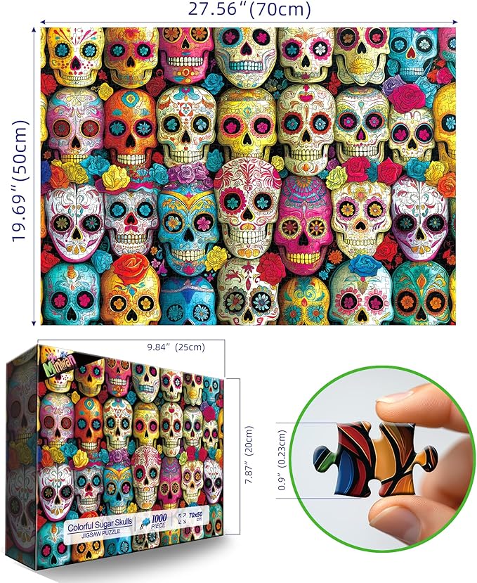 1000 Piece Jigsaw Puzzle for Adults - Vibrant Day of The Dead Sugar Skulls Colorful Mexican Folk Art Halloween Challenging 1000-Piece Puzzle 27x20 Inches Premium Adult Puzzles