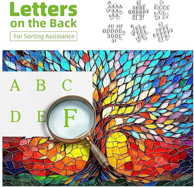 500 Piece Puzzles for Adults Stained Glass Tree of Life Puzzle for Adults Colorful Mosaic Jigsaw Puzzles 500 Pieces with Letters on Back Hard Impossible Difficult Challenging Family Puzzle(21"x15")
