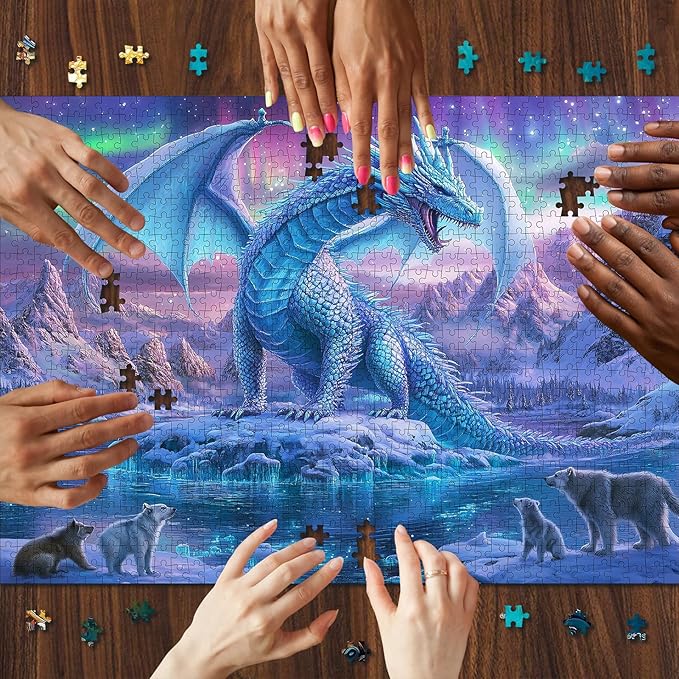 1000 Piece Aurora Dragon Puzzle for Adults - Vibrant Blue & Purple, Large Challenging Jigsaw Puzzle for Family Interactive Game Puzzle DIY Home Decoration Brain Challenge Gift