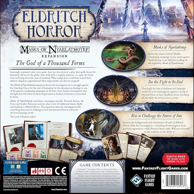 Eldritch Horror Masks of Nyarlathotep Board Game EXPANSION | Mystery Game | Cooperative Board Game for Family | Ages 14+ | 1-8 Players | Avg. Playtime 3 Hours | Made by Fantasy Flight Games