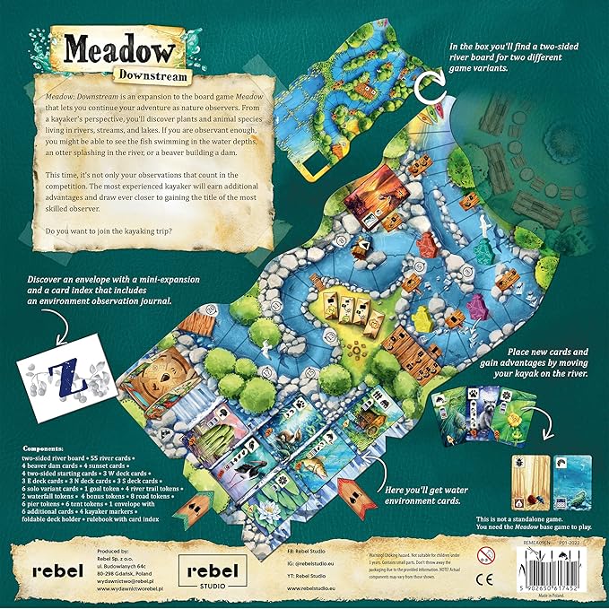 Meadow Downstream Board Game EXPANSION | Strategy Adventure Nature Fun Family for Adults and Kids Ages 10+ 1-4 Players Avg. Playtime 60-90 Minutes Made by Rebel,(REBMEAD3)