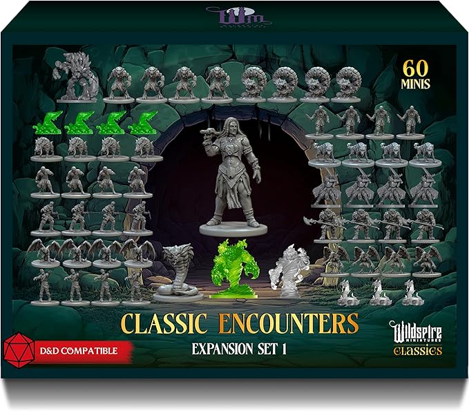 Classic Encounters - Expansion Set I - 60 Iconic DND Miniatures Bulk Monsters, Unpainted Tabletop RPG DND Minis, D&D Miniatures, Fantasy Figurines, Dungeons & Dragons Minis, 28mm, Assembled Unprimed