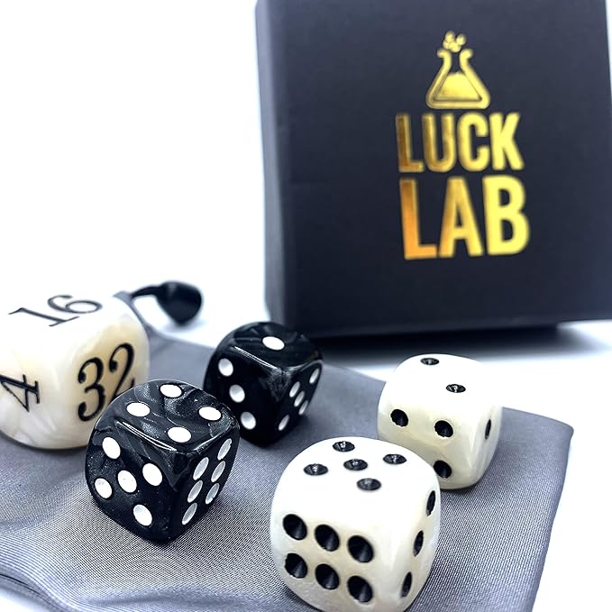 Luck Lab Backgammon Pearl Dice Set - 22 mm Doubling Cube and Four 16 mm Dice with Bonus Storage Bag, Black/White Marbleized