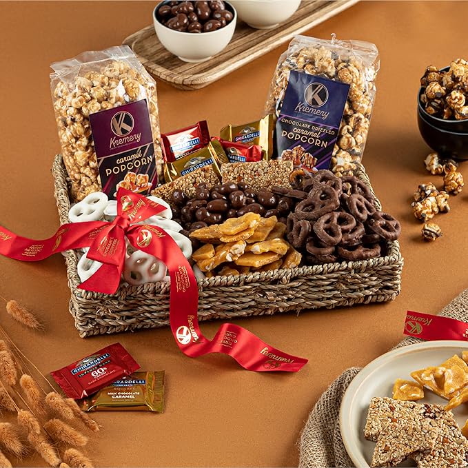KREMERY Creamy Chocolate Cravings - Chocolate Covered Pretzels & Caramel Popcorn Gift Basket, in Seagrass Tray + Ribbon (Premium, 2.5 lbs) Food Arrangement, Kosher Dairy, USA Made