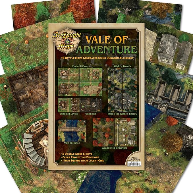 Arcknight The Vale of Adventure Roleplaying D&D Battle Map; 16 Modular RPG Maps in 8 Double-Sided Pages, 1" Square Grid, Modular & Versatile DND Map for ttrpg Gaming - for Dungeons & Dragons