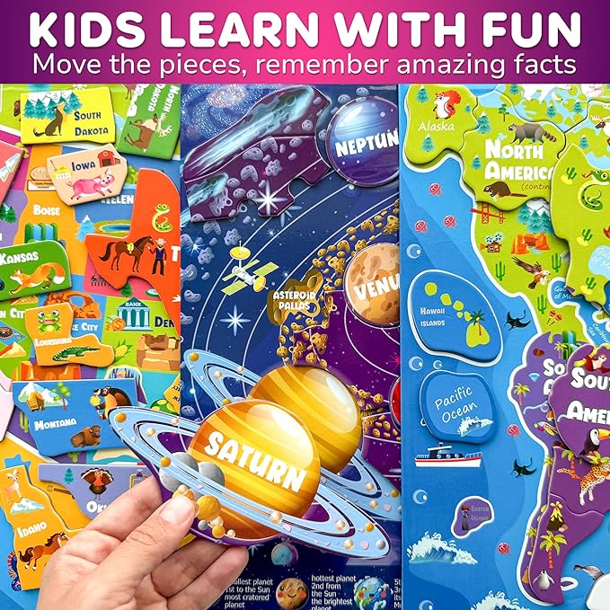 QUOKKA Magnetic Toddler Puzzles Ages 3-5 - 3 Educational Travel Games Puzzles for Kids Ages 4-6 - Space, USA and World Map Learning Toys for Boy and Girl 2-4 Learn United States