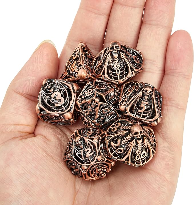 Metal Skull Dice Set Hollow Multi-Sided Dungeons & Dragons Dice 7CPS Role-Playing Dice Set with Flannel Bag Suitable for D&D Board Game Cards(Antique red Copper)