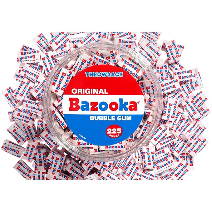 Bazooka Bubble Gum Bulk, 225 Count Tub of Chewing Gum Individually Wrapped, Old Fashioned 90's Candy for Baseball, Party Favors, Goodie Bags