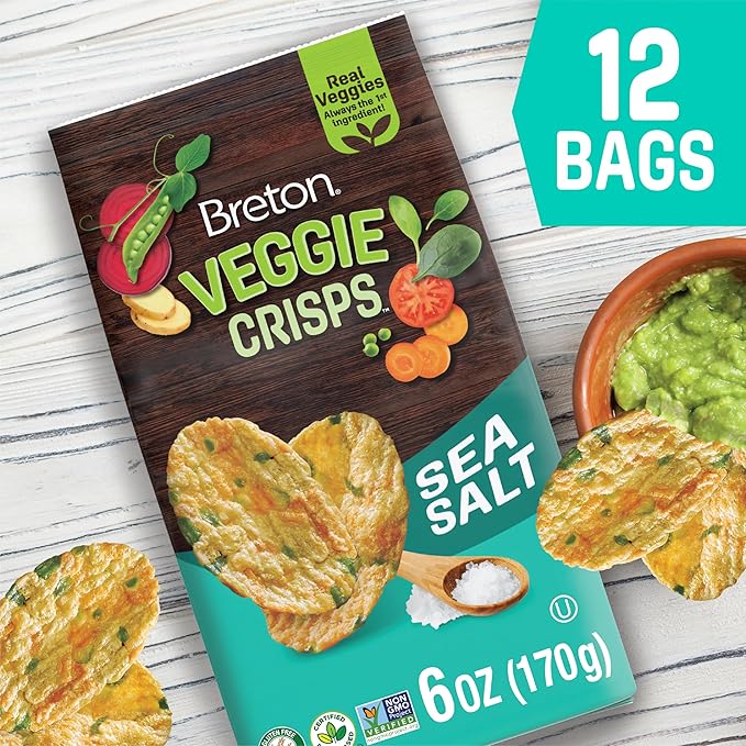 Breton Veggie Crisps Sea Salt (Pack of 12) - Popped not Fried Crisps, Made with Real Vegetables, Light and Crispy Gluten Free Chips, Snacks for School, Lunch Box and More, 12x6oz