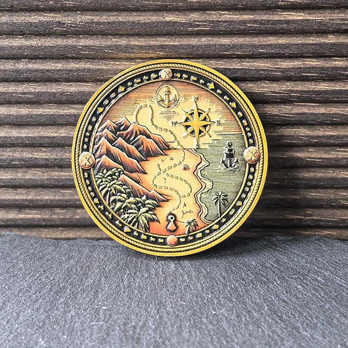 Pirate Challenge Coin – Adventure-Themed Zinc Alloy Coin with Treasure Map Design – 1.57 Inch Collectible Coin with Skull and Cross Swords   