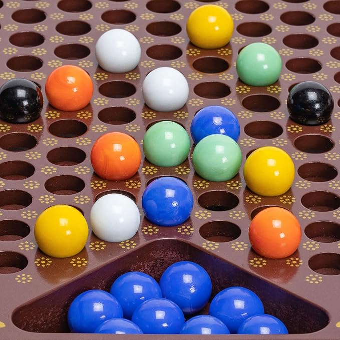 Yellow Mountain Imports Classic Chinese Checkers Halma Board Game Set with Storage, 12.6-inch Wooden Board, and Solid Color 16-Millimeter Glass Marbles