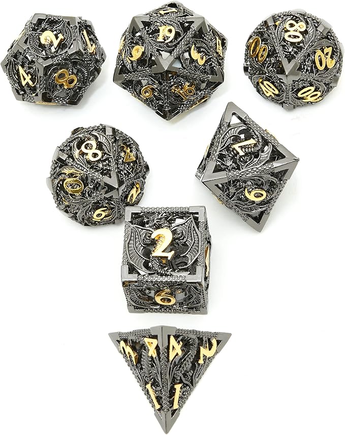 Metal DND Dragon Dice Set Dungeons and Dragons for Role Playing Games (RPG) MTG Pathfinder Tabletop Games(Black Gold)