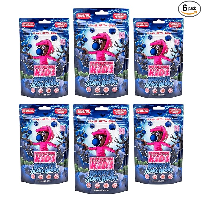 Bubblegum Kids Sugar Free Gum - For Kids and Adults - Vegan Friendly - Retro, Parent Approved Bubble Gum with Burst of Sweet Flavor - Barry's Scary Berry (Berry 6-Pack)