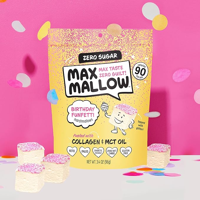 Max Mallow Sugar Free Marshmallows - Keto Friendly, Perfect for S'mores, Hot Chocolate, and Baking with Zero Sugar Snacks, Smores Mct Oil Zero Sugar Marshmellow Marshmallow Birthday Cake, 3 Pack