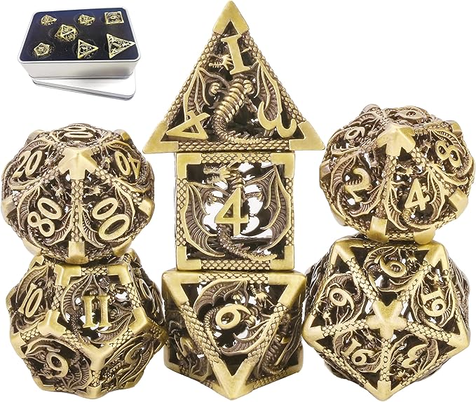 Metal DND Dice Set Dungeons and Dragon Dice Set Hollow Dragon Polyhedral Magic 7 PCS Dice Set with Gift Metal Box for Dungeons and Dragons Table Games Play Cards MTG(Dragon_Ancient Bronze)