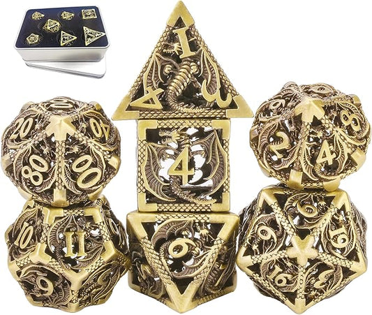 Metal DND Dice Set Dungeons and Dragon Dice Set Hollow Dragon Polyhedral Magic 7 PCS Dice Set with Gift Metal Box for Dungeons and Dragons Table Games Play Cards MTG(Dragon_Ancient Bronze)