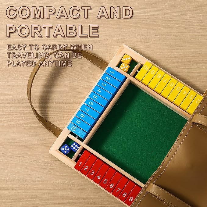 Dice Game Shut The Box Wooden Board Game,4 Sided Family Math Game for 2-4 Players,Educational Learning Interactive Game, Classics Tabletop Version Games for Classroom, Party, or Pub