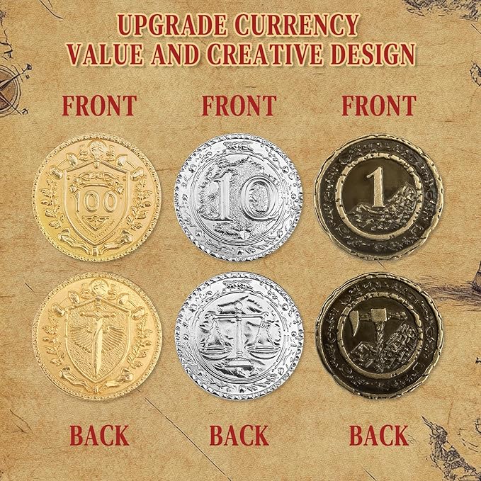 Byhoo 100 PCS Metal DND Coins, 1.2" Gold Silver Copper Tokens with Face Value for Board Game and Tabletop RPG, Fantasy Metal Coins for Pirate Game Party Cosplay