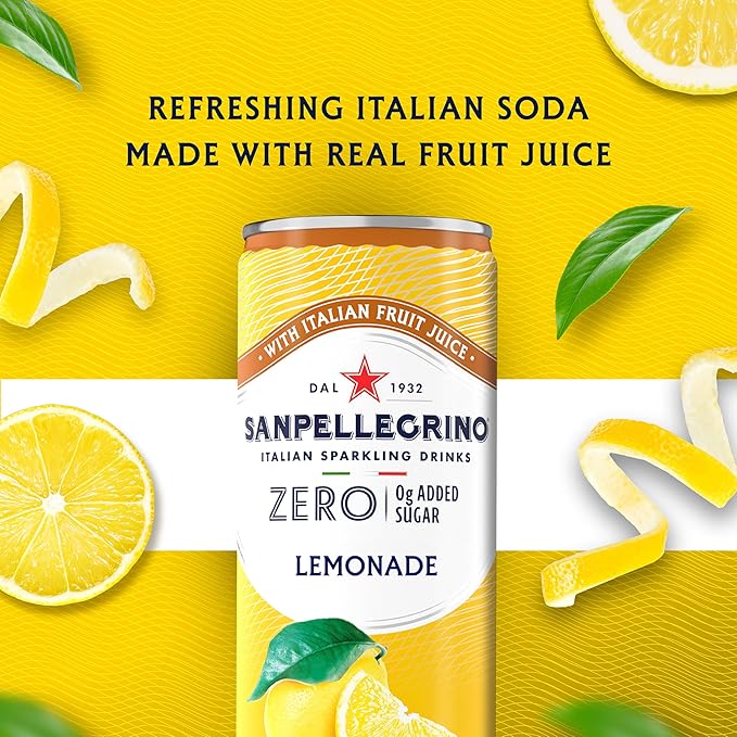 Sanpellegrino Zero Grams Added Sugar Lemonade Italian Sparkling Drink, 24-Pack Of 11.15 Fl Oz Cans, Sanpellegrino Italian Sparkling Drinks, Low-Calorie Sparkling Juice Beverages
