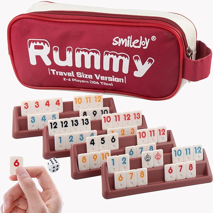 Smilejoy Mini Rummy Cube 4 Players Edition,Travel Rummy Game Set with Portable Canvas Bag,Classic Board Game for Adults and Kids |106 Tiles | 4 Playing Racks |1 Dice | (2-4 Player) 