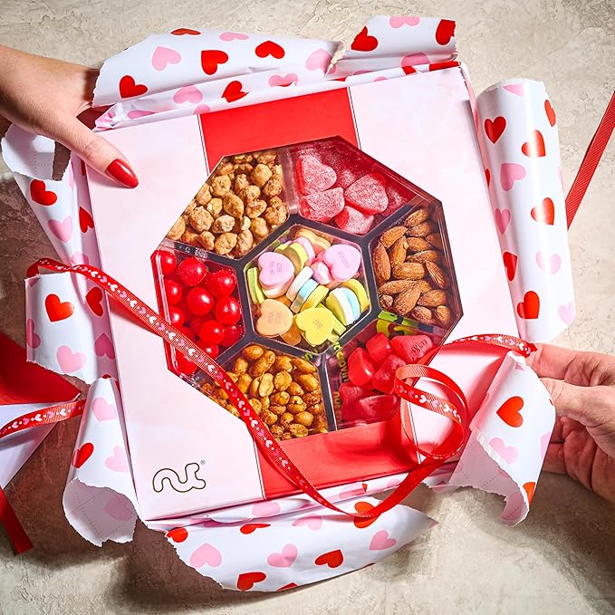NUT CRAVINGS - Mixed Nuts & Heart Candy Gift Basket in Red Gold Box (7 Assortments, 1 LB) Food Arrangement, Healthy Snack Care Package, Kosher