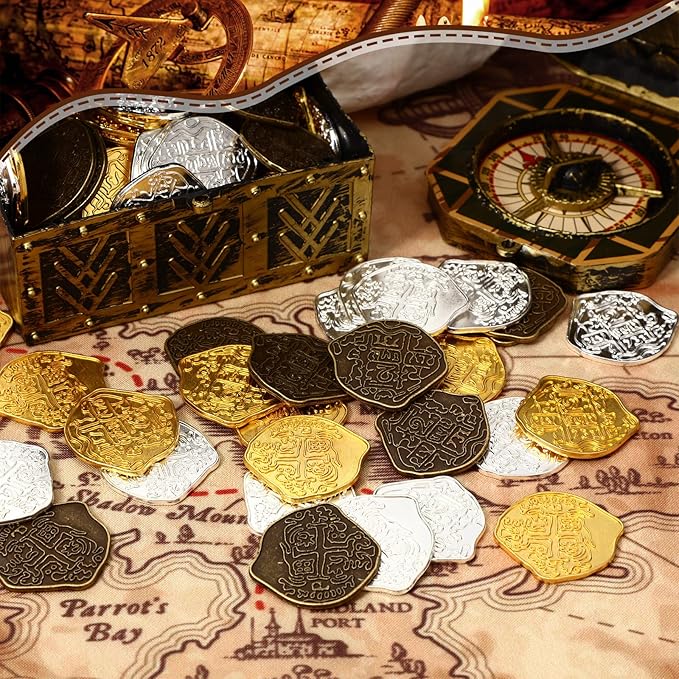 Hanaive 100 Pcs Metal Pirate Coins Treasure Chest Spanish Doubloon Fake Coins Tokens for Kids Board Games Pirate Party Cosplay (Novelty Style)
