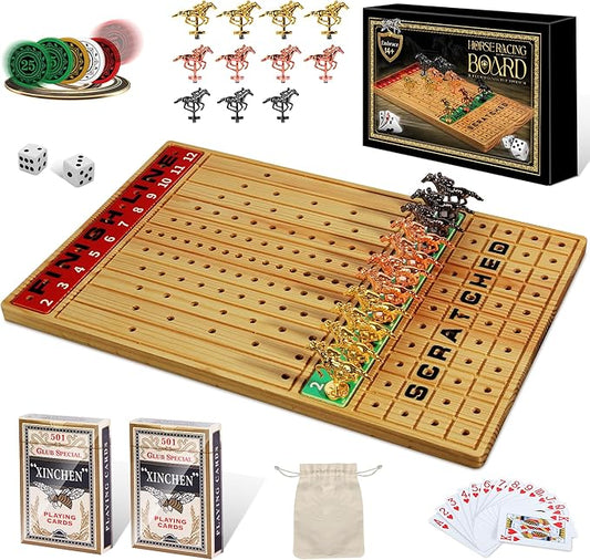 Horse Racing Game with Cards and Dice, Horse Race Board Game for Adult, Thickened Solid Wood with 11 Luxurious Durable Classic Metal Horses, 143 Chips, 2 Dice, 2 Boxes of Cards