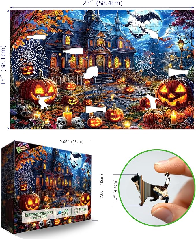 Halloween Jigsaw Puzzles 500 Pieces for Adults - Spooky Haunted House Puzzle with Jack-O-Lanterns, Bats & Full Moon - 500 Piece Puzzles for Adults, Families & Seniors - 23"x15"