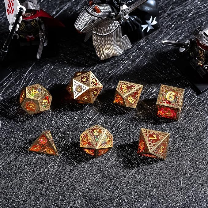 Cusdie 7-Piece Metal Frame Sharp Edges DND Dice Set with Metal Frame- Perfect for Tabletop RPGs Board Games Gifting and Collecting(Red and Yellow)