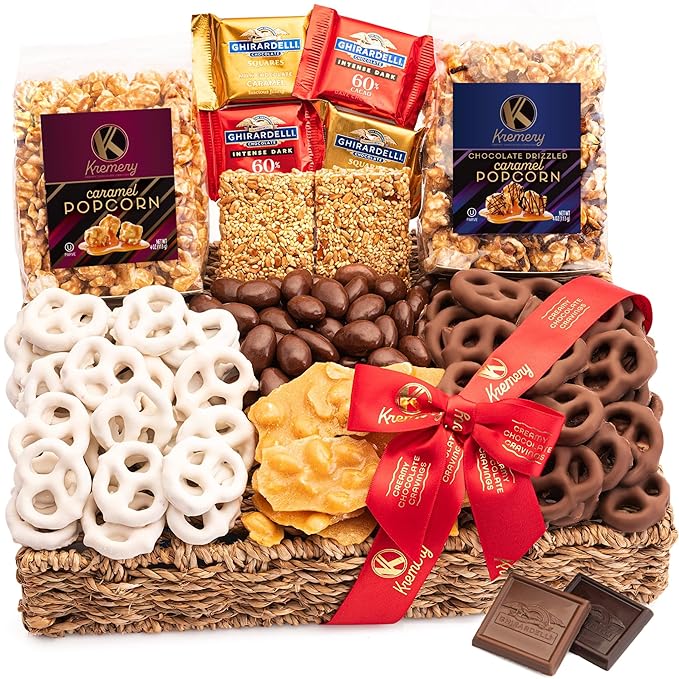 KREMERY Creamy Chocolate Cravings - Chocolate Covered Pretzels & Caramel Popcorn Gift Basket, in Seagrass Tray + Ribbon (Premium, 2.5 lbs) Food Arrangement, Kosher Dairy, USA Made