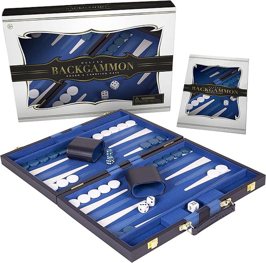 Backgammon Set 11 inch, Small - Classic Board Game for Adults and Kids with Premium Leather Case - Includes Strategy & Tip Guide (Blue)