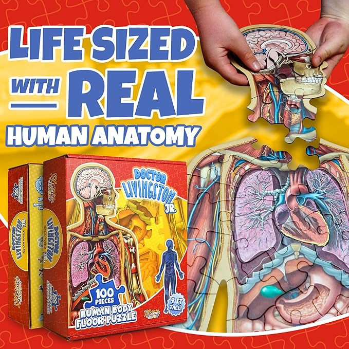 Human Anatomy Kids Floor Puzzle - Dr Livingston Jr's 100-Piece Full Body Jigsaw Puzzle - 4 FT Medically Accurate Floor Puzzles for Kids Ages 6-8, 4-8, 8-10 - Educational Toys for Children, Toddlers