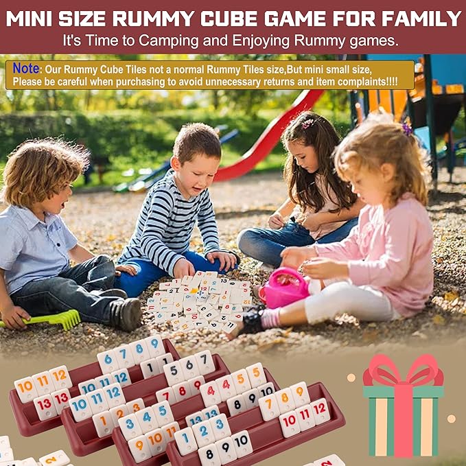 Smilejoy Mini Rummy Cube 4 Players Edition,Travel Rummy Game Set with Portable Canvas Bag,Classic Board Game for Adults and Kids |106 Tiles | 4 Playing Racks |1 Dice | (2-4 Player) 