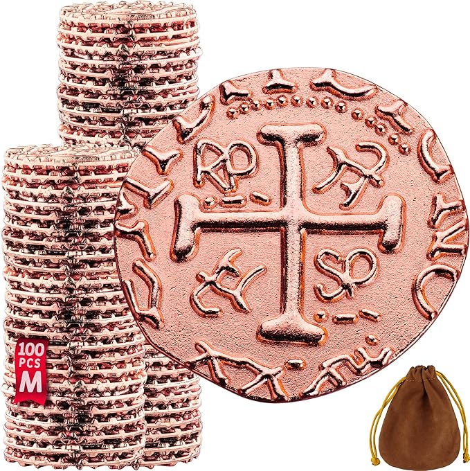 Large Metal Pirate Coins - 100 Rose Gold Treasure Coin Set, Metal Replica Spanish Doubloons for Board Games, Tokens, Toys, Cosplay - Realistic Money Imitation, Pirate Treasure Chest - Size 0,98"