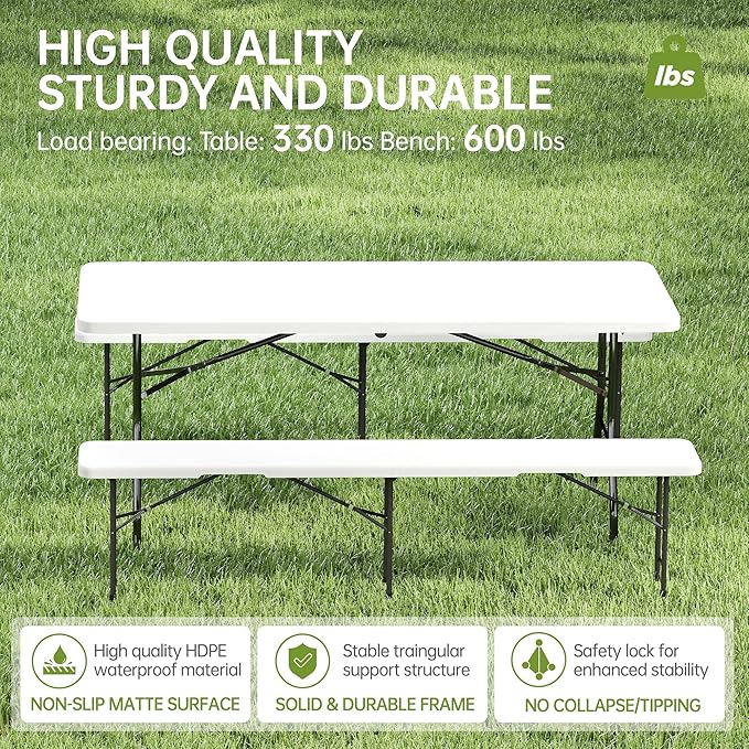 Real Relax 6' Picnic Table with 2 Benches, 3 Piece White Portable HDPE Folding Camping Table and Benches for Courtyard, Garden, Outdoor Leisure, Party