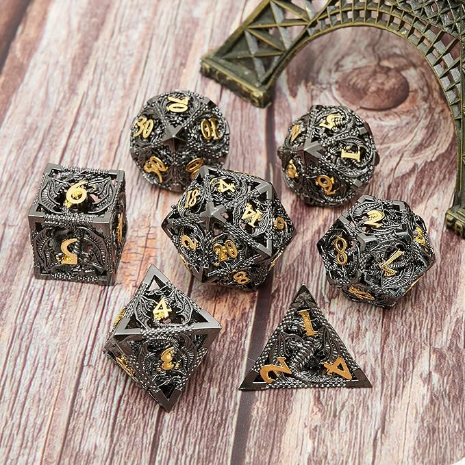 Metal DND Dragon Dice Set Dungeons and Dragons for Role Playing Games (RPG) MTG Pathfinder Tabletop Games(Black Gold)