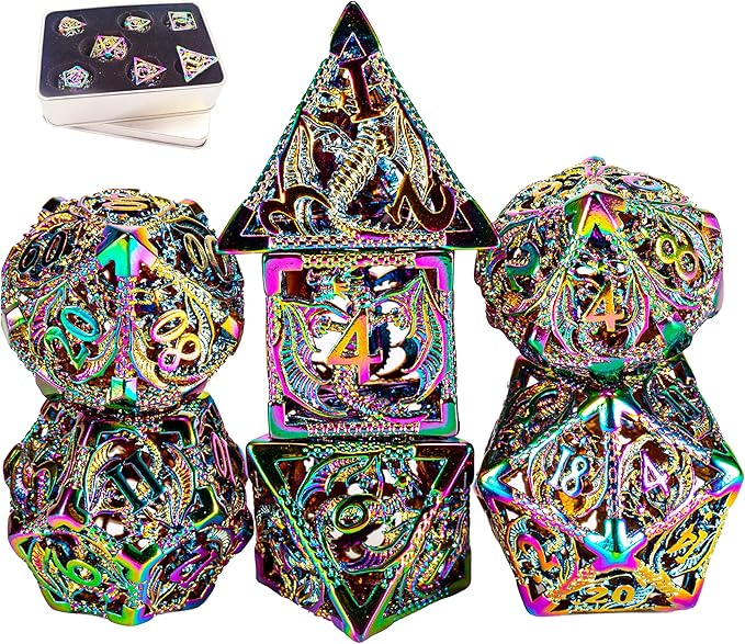 Metal DND Dice Set Dungeons and Dragon Dice Set Hollow Dragon Polyhedral Magic 7 PCS Dice Set with Gift Metal Box for Dungeons and Dragons Table Games Play Cards MTG(Dragon_Colorful)