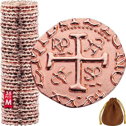 Large Metal Pirate Coins - 35 Rose Gold Treasure Coin Set, Metal Replica Spanish Doubloons for Board Games, Tokens, Toys, Cosplay - Realistic Money Imitation, Pirate Treasure Chest - Size 0,98"