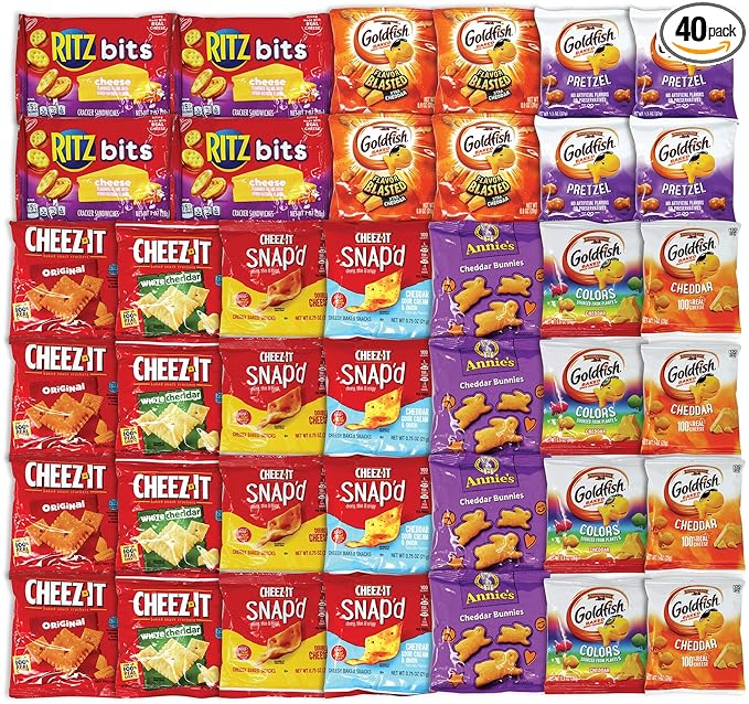 Niro Assortment | 40 Packs Individual Bags Cheese Crackers Variety Pack, Cheez-It, Gold fish, Annie's, and Ritz Bits Snack Packs | Snacks for Adults and Children