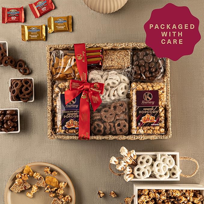 KREMERY Creamy Chocolate Cravings - Chocolate Covered Pretzels & Caramel Popcorn Gift Basket, in Seagrass Tray + Ribbon (Deluxe, 3.5 lbs) Food Arrangement, Kosher Dairy, USA Made