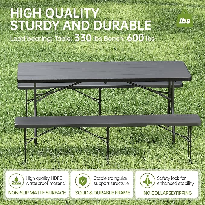 Real Relax 6' Picnic Table with 2 Benches, 3 Piece Black Wood Grain Portable HDPE Folding Camping Table and Benches for Courtyard, Garden, Outdoor Leisure, Party