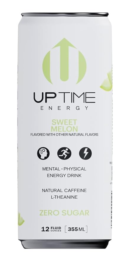 UPTIME Energy Drink, Sweet Summer Melon Sparkling, 12 Pack, Vitamin C, L Theanine, Calcium, Sugar Free Energy Drinks for Focus Support, 142mg of Natural Caffeine, 5 Calories, Natural, 12 fl oz Cans