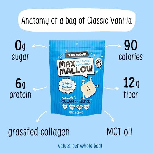 Max Mallow Sugar Free Marshmallows - Keto Friendly, Perfect for S'mores, Hot Chocolate, and Baking with Zero Sugar Snacks, Smores Mct Oil Zero Sugar Marshmellow Marshmallow Classic Vanilla, 6 Pack